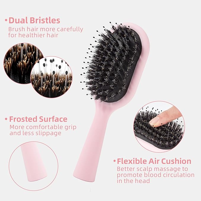 Boar Bristles Hair Brush for Women and Men, Detangling Hair Brush for Smoothing Massage Add Shine, Nylon&Boar Bristles Detangler brush for Hair Healthy (Medium-Pink)