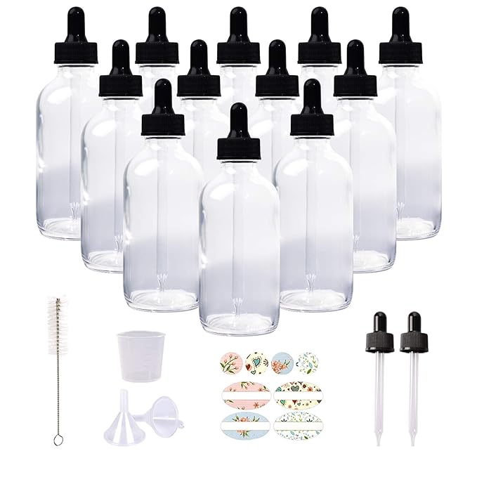 12 Pack 4oz Clear Glass Bottles with Glass Eye Droppers for Essential Oils, Perfumes & Lab Chemicals (1 Brush, 2 Funnels, 2 Extra Droppers, 24 Pieces Labels & 30ml Measuring Cup Included)