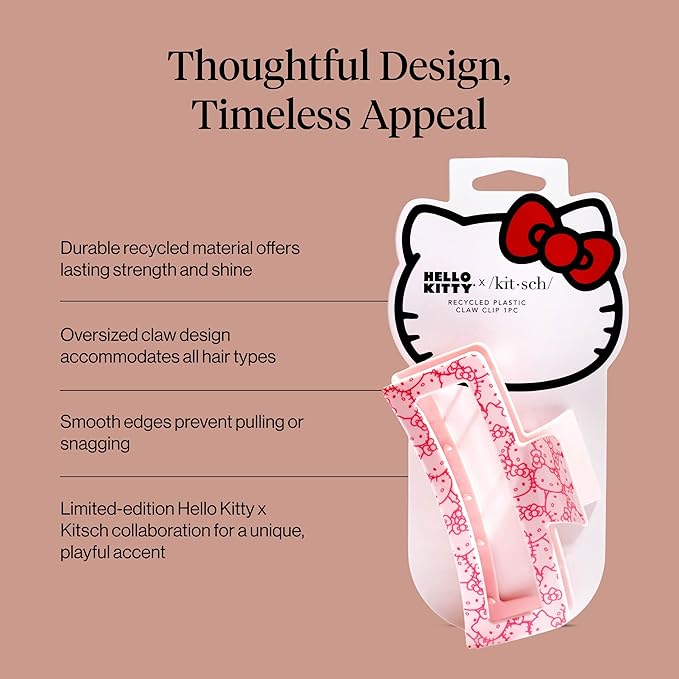 Kitsch Hello Kitty Recycled Plastic Jumbo Claw Clip, Extra Large claw Clips for Thick Hair, Big Hair Clips for Thin Hair | Ideal Gifts for Women (1 Piece, Pink Kitty Faces)