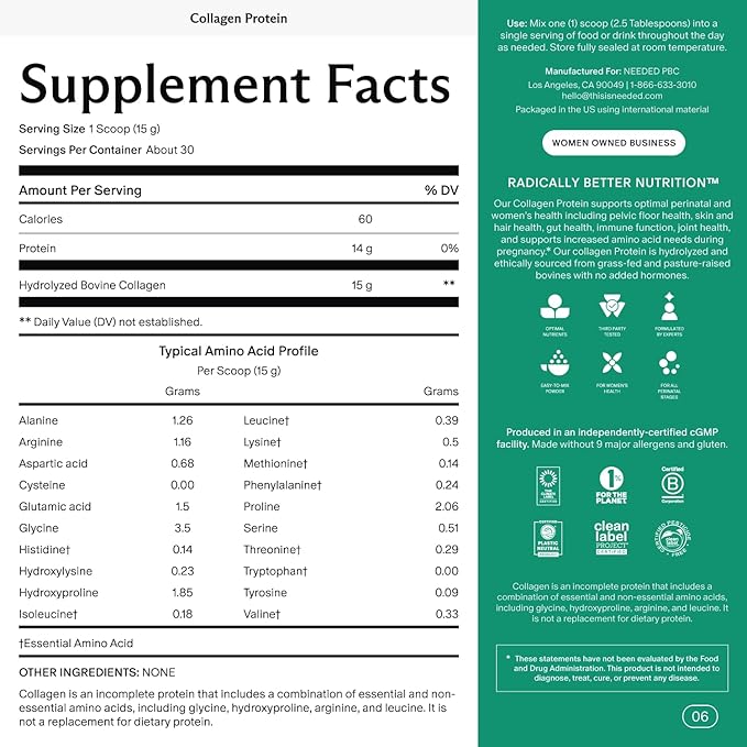 Needed. Hydrolyzed Collagen Protein Powder | Expert-Backed & Clean Sourced | Supports Skin, Hair, Joints | Grass-fed, Pasture-Raised, Hormone-Free | 1lb