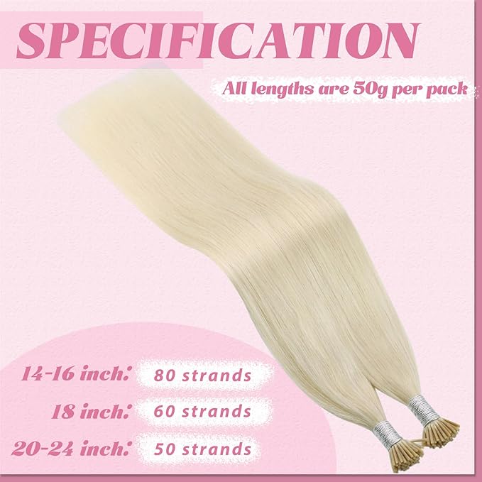 YoungSee I Tip Hair Extensions Human Hair Blonde Itip Hair Extensions Platinum Blonde 20 Inch 50s 50g Invisible I-Tip Extensions Add Length and Volume