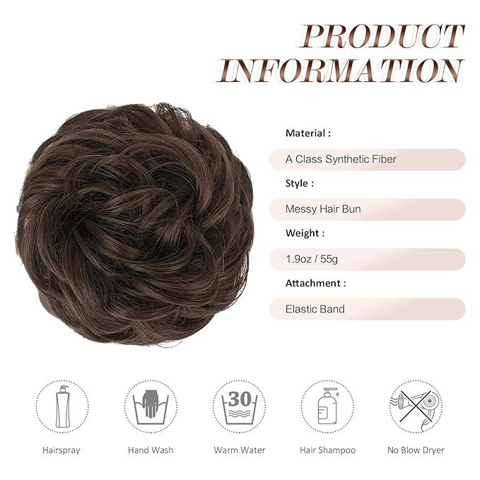 FESHFEN Messy Bun Hair Piece - Large Elastic Wavy Curly Hair Bun Scrunchies Ponytail Extensions Synthetic Chignon Hairpieces for Women, Medium Chestnut Brown 1.94oz