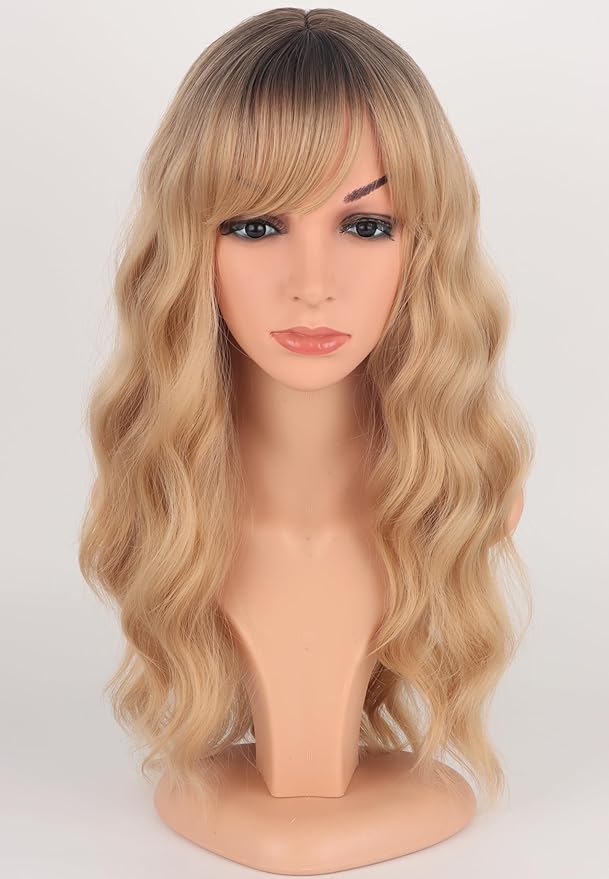 Medium Long Blonde Wavy Wigs For Women Synthetic Full Hair Blonde Wigs With Bangs For Daily Use (Blonde)