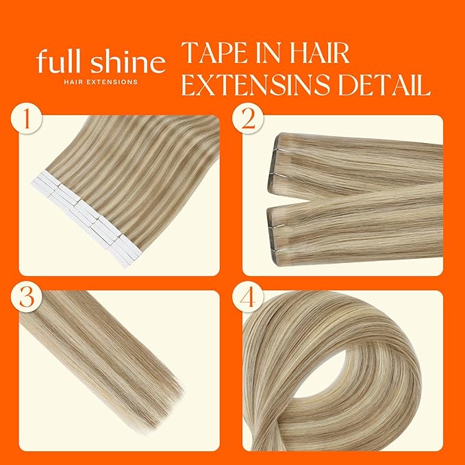 Full Shine Human Hair Tape in Extensions 22 Inch Color Golden Blonde Highlight Medium Blonde Double Sided Seamless Injected Tape in Hair Extensions Straight 50G Remy Silky Skin Weft 20Pcs Natural