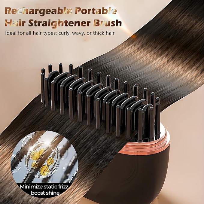 GlamBrushs Mini Hair Straightener, Rechargeable Wireless Portable Hair Straightener Brush, 3-Speed Temperature Control, Anti Scald Shell, Suitable for Home Travel (Black)