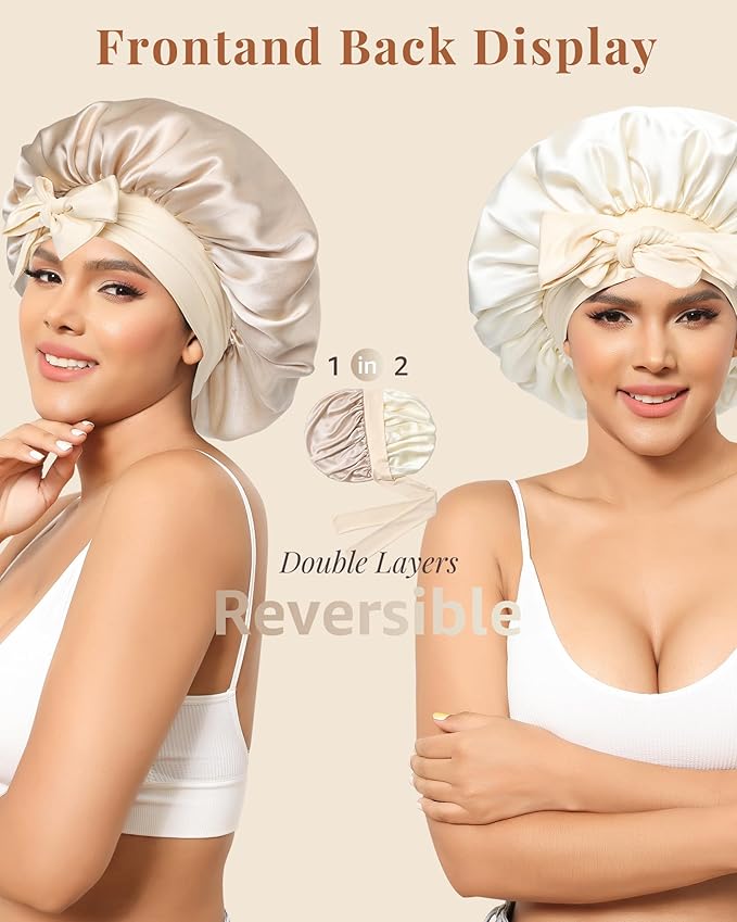 AWAYTR Silk Bonnet for Sleeping Women 100% Mulberry Silk Bonnet with Band 2 Layer Reversible Hair Bonnet Sleeping Hair Wrap (Champagne/Beige)