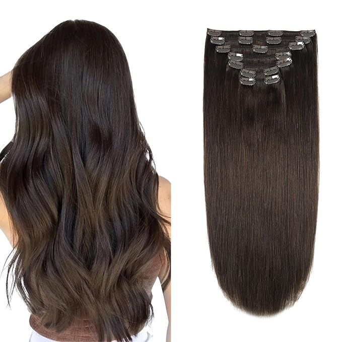 XDhair Clip in Hair Extensions Human Hair 7pcs 140g 16 Inch Dark Brown Real Hair Extensions Clip in Human Hair Straight #2/16 Inch