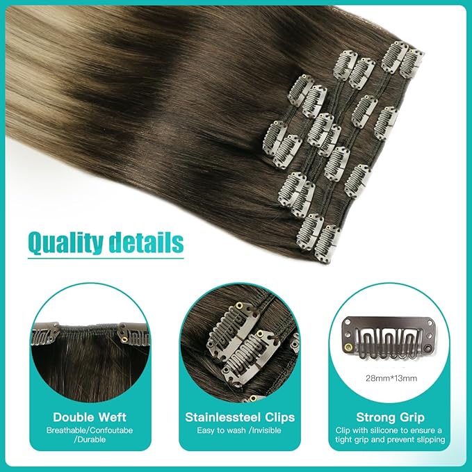 SURNEL Clip in Extensions Human Hair Dark Brown to Dirty Blonde Real Hair Extensions Clip in Human Hair 18inch 6pcs 120g(#2/6/18,18'')