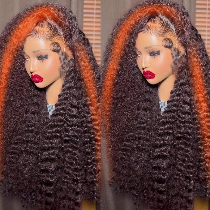 250 density 34 Inch Deep Wave Lace Front Wigs Human Hair Pre Plucked Hairline Glueless Wigs for Women 13x6 HD Lace Front Wigs Ginger Orange Curly Human Hair Wig Brazilian Hair