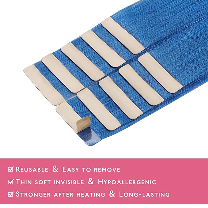 Wennalife Blue Tape In Hair Extensions, 10pcs 20g 12 inch Remy Invisible Tape Ins Straight Colored Soft Real Human Hair Tape In Extensions Refill Set Extensions