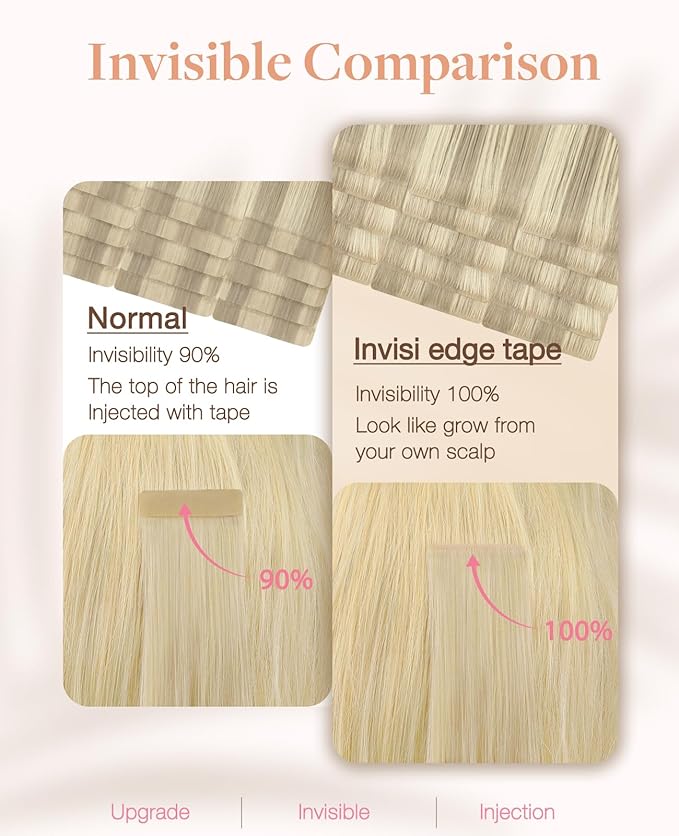 GOO GOO Invisi Edge Tape in Hair Extensions Human Hair, 17A/60A Ash Blonde Highlighted Platinum Blonde 10pcs injected with 10pcs classical tape ins, 18inch 50g, Virgin Remy Hair, Natural Look