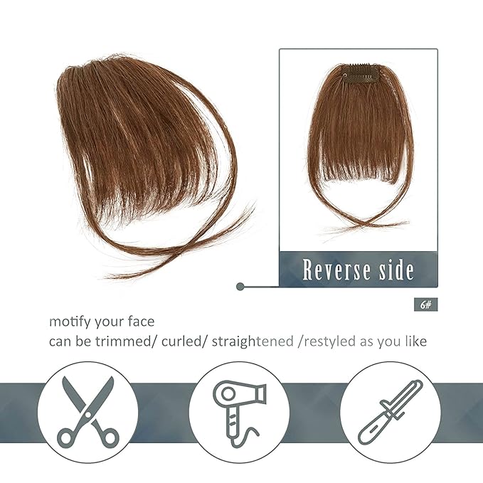 BARSDAR Medium Brown Clip in Bangs Real Human Hair - 100% Human Hair Clip in Bangs for Women - Medium Brown Wispy Bang Extensions Real Hair Fringe with Temples Hairpieces
