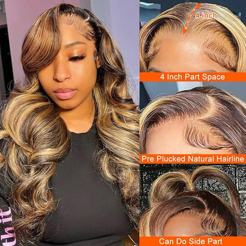 13x4 Highlight Ombre Lace Front Wig Human Hair Pre Plucked 4/27 Honey Blonde HD Glueless Colored Lace Frontal Wigs For Women with Baby Hair 200% Density Body Wave Lace Front Wig (28 Inch)