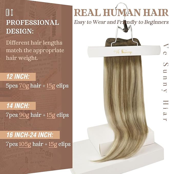 Ve Sunny Clip in Hair Extensions Real Human Hair Balayage Brown with Blonde Clip in Extensions for Women Real Hair Extensions Clip in Human Hair 14inch 100g