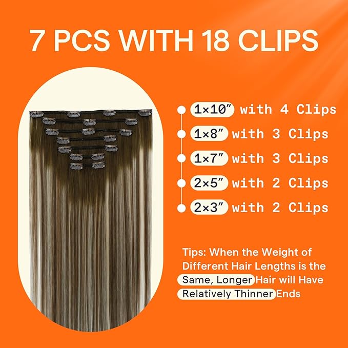 Full Shine Balayage Brown Clip in Hair Extensions Human Hair Brown to Light Brown Mix Light Blonde Remy Hair Extensions Straight Clip in Extensions for Women 20 Inch 7 Pcs 120 G
