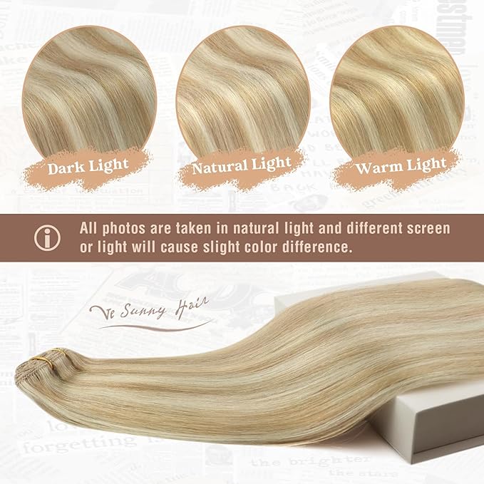 Ve Sunny Clip in Human Hair Extensions Blonde Highlighted Clip in Hair Extensions Real Human Hair Highlight Blonde Clip on Hair Extensions for Women Easy Apply 7pcs 120g 22 inch
