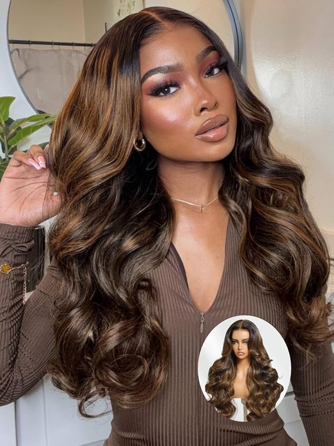 Julia Hair Bye Bye Knots Glueless Wig Highlight Balayage Brown Body Wave 7x5 Pre Cut HD Lace Front Wigs Human Hair Pre Plucked Bleached Knots Pre Everything Ready To Go Ombre Wig 16 Inch