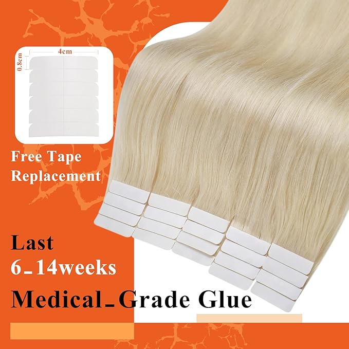 Full Shine Double Sided Tape in Hair Extensions Color 60 Blonde Skin Weft 16 Inch Invisible Hair Extensions Human Hair Tape ins 20 Pcs Seamless Add Volume Remy Pu Glue on Hair 50G