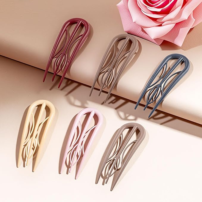 6 PCS French Hair Pins for Women - Large U-Shaped Hair Forks with Internal Teeth, Strong Hold for Thick & Thin Hair, Effortless French Twists, Updos, Buns & Chignons, Hairstyle Accessories