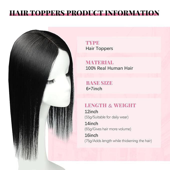 Hair Toppers for Women Real Human Jet Black Hairpieces for Thinning Hair 6x7inch Large Base 360°3D Toppers for Women 14inch Clip in Extensions Add Volume 65g (#1Toppers-14inch)