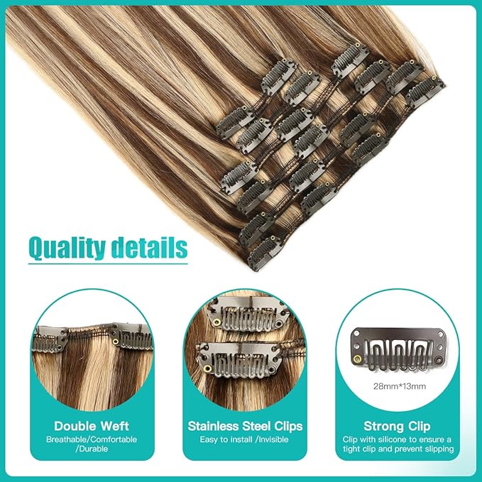 SURNEL Human Hair Clip in Extensions Chocolate Brown and Caramel Blonde Clip in Hair Extensions 20 Inch 6pcs 120g(#4P27,20'')