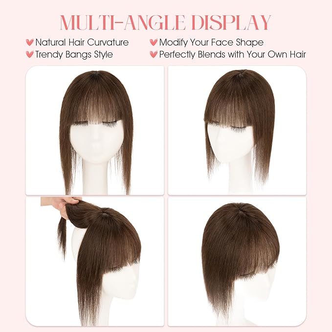 Hairro Mono Hair Toppers with Bangs, 3.4" x 3.4" Mono Base 100% Real Human Hairpieces for Women, 150% Density Clips In Topper for Greyish Thinning Hair, 6 Inch Dark Brown