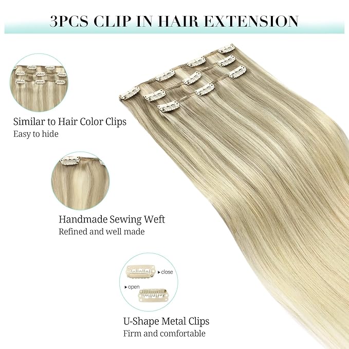 DOORES Hair Extensions Clip in Human Hair, 3pcs 65g 18 Inch Balayage Ash Blonde to Golden Blonde and Platinum Blonde Clip in Hair Extensions Straight Natural