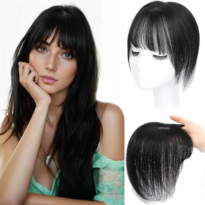 Hair Toppers for Women Real Human Hair Clip in Bangs 360° Cover Remy Human Hair Topper with Bangs for Thinning Realistic Scalp Upgrade Swiss Lace Base Hairpieces Cover Gray Hairy Roots Natural 1B