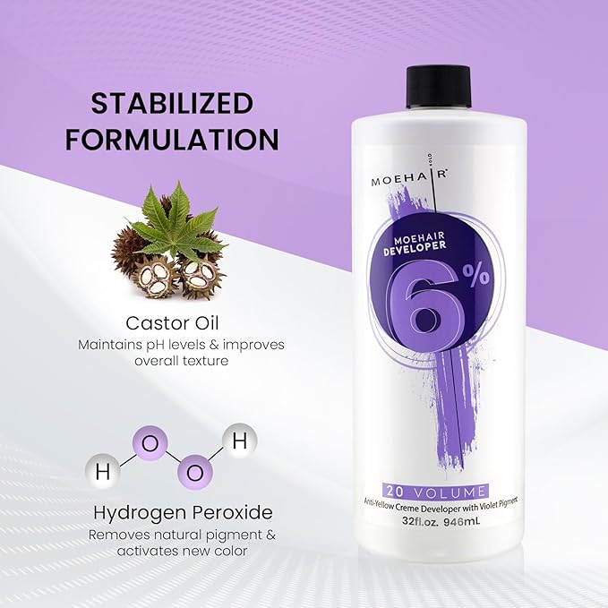 MOEHAIR Hair Color Developer 6% Hydrogen Peroxide | 20 Volume Cream Developer for Hair Coloring and Bleaching | Advanced Anti-Yellow Action | Salon-Grade | Paraben-Free – 32 Fl. Oz (Pack of 2)