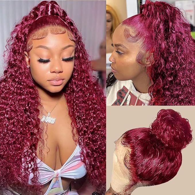 250 Density Hidden Strap 360 Full Lace Front Wigs Human Hair Pre Plucked Bleached Konts Pre Cut Lace Deep Wave HD Lace Frontal Wig with Drawstring Burgundy Wig Human Hair 360 Glueless Wigs(18inch)