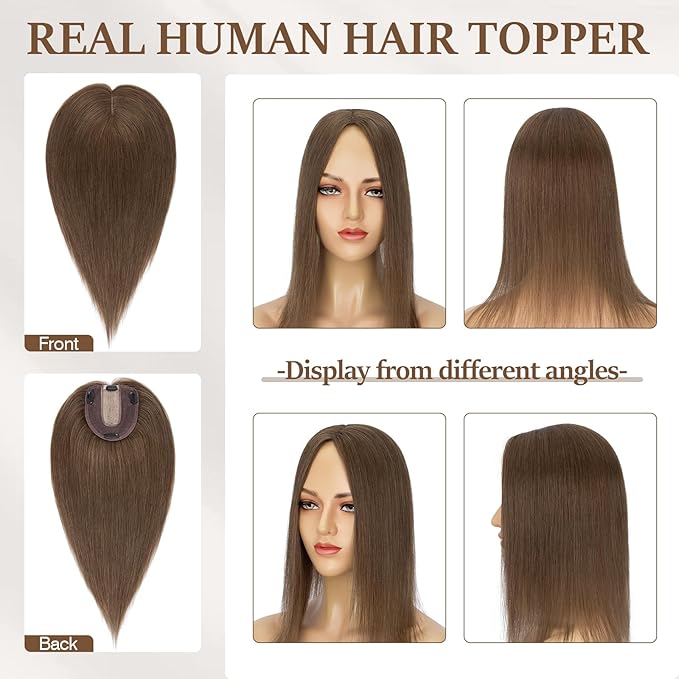 Rich Choices Hair Toppers for Women Real Human Hair 100% Human Remy Toppers NO Bangs for Women with Thinning on Top Clip in Hairpiece 4"x4.7"Lace Base 12 Inch #4R Natural Brown