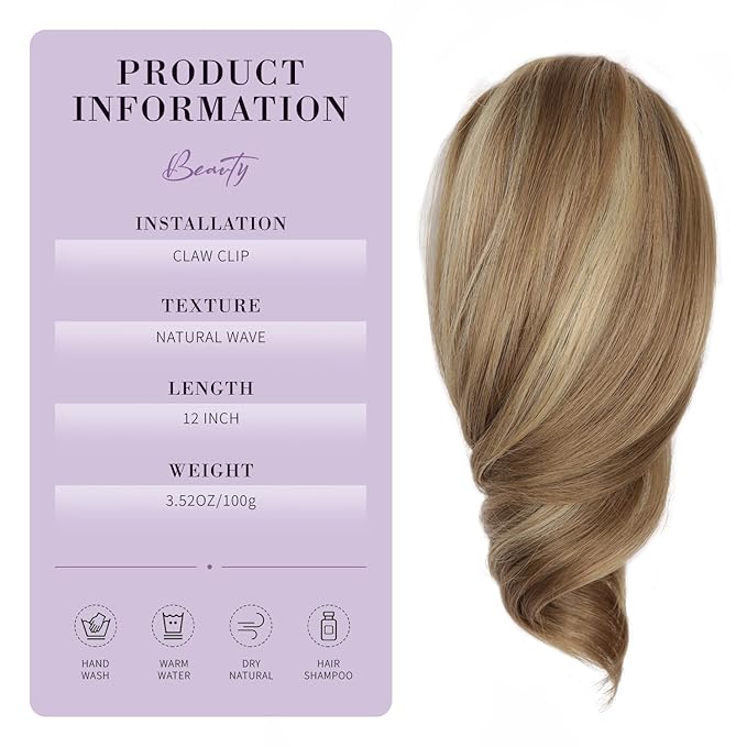 Clip on Ponytails for Women - 12 Inch Short Ponytail Extension, Curly Pony Tails Hair Extensions, Synthetic Hair Extensions Ponytail, Clip in Ponytail (Dark Blonde with Beige Blonde Highlights)