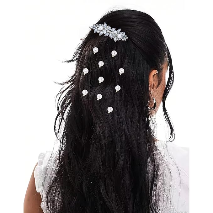 12 Pieces Rhinestone Hair Clips, Include 10 Pearl Mini Rhinestone Hair Pins, 2 Pieces Crystal Rhinestone Hair Clips Leaf Hair Pins Hair Accessories for Wedding, Party, Prom