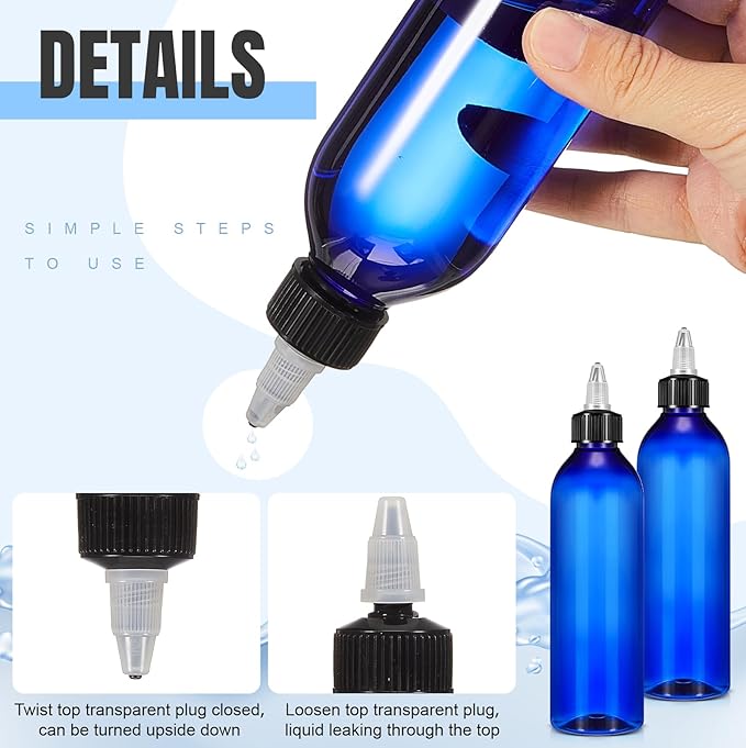 Barydat 12 Pcs Applicator Bottles for Hair, Squeeze Hair Oil Applicator Bottle Refillable Empty Plastic Bottles, Twist on Top Cap with Open Close Nozzle and 2 Funnels(8 oz,Blue)