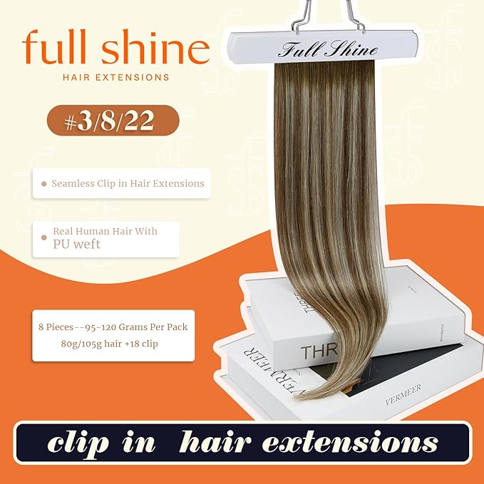 Full Shine Seamless Clip in Hair Extensions Brown Ombre Light Brown Mix Light Blonde Straight Natural Human Hair Extension for Women 20 Inch 8 PCS 120 G