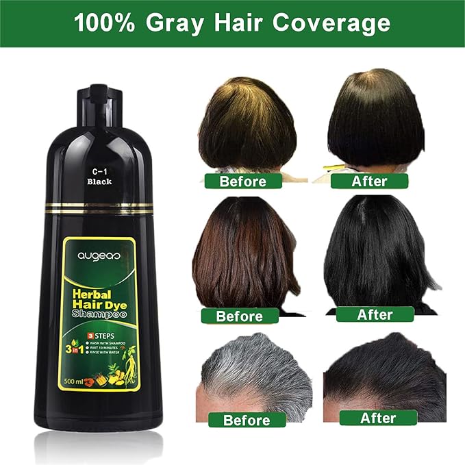 Natural Black Hair Color Shampoo for Gray Coverage, 3 in 1 Herbal Hair Shampoo for Women and Men, 500ML