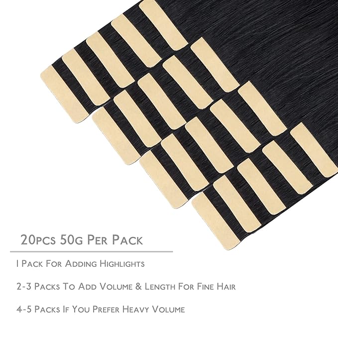 WENNALIFE Tape in Hair Extensions Human Hair, 20pcs 50g 22 inch Jet Black Remy Hair Extensions Straight Human Hair Tape in Extensions Skin Weft Tape Extensions Human Hair