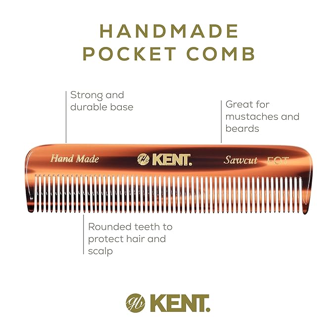 Kent FOT Tortoise Fine Tooth Comb for Men - Handmade Pocket Comb for Travel, Styling, Fine or Thinning Hair, Mustache and Beard Care Handpolished Saw-Cut Made in England