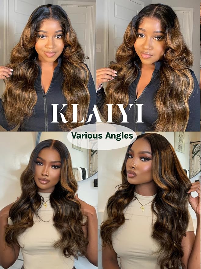 KLAIYI Ombre Brown Body Wave Lace Front Wigs Human Hair Highlight Balayage 13x4x1 T Part Ear to Ear Lace Wig Pre Plucked with Baby Hair Easy to Wear and Go Wigs for Black Women Natural Hairline 16Inch