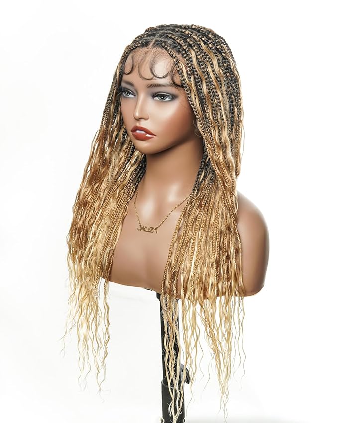 Human Hair Boho Curls Hand-Tied Full Lace Wig - 24" Small Box Braids (79 Braids) Pre-Cut Real Swiss HD Lace, Lightweight, Pre-Plucked, Knotless, Tangle-Free Boho Braided Wig | 1B/27/613