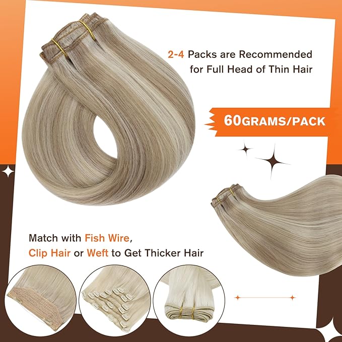 Full Shine Human Hair Clip in Extensions Golden Blonde Highlights Medium Blonde Seamless Hair Extensions Clip in Blonde Invisible Clip ins Natural 18 Inch 3 PCS 60 G