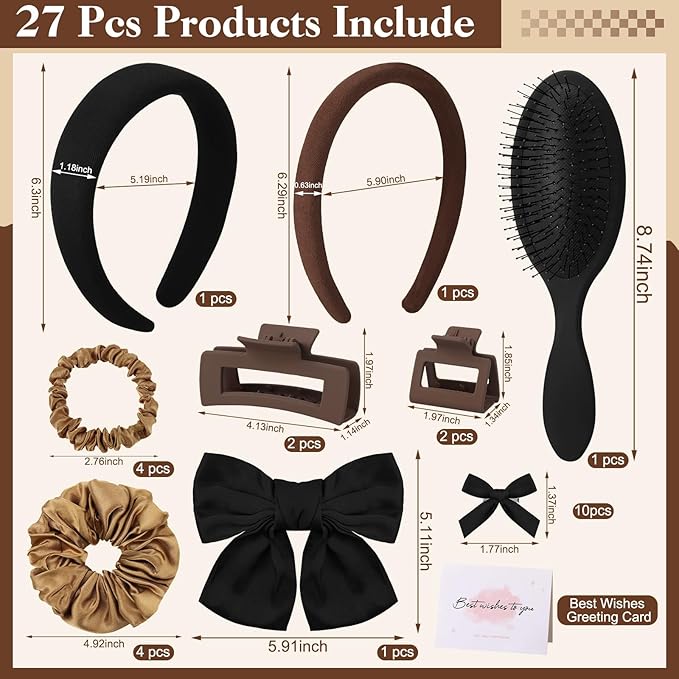 Hair Accessories Kit for Women, 27 PCS Set Included Hair Scrunchies, Claw Clips, Bow Clips, Hair Brush and Headband Hair Gift for Women (Neutral Color)