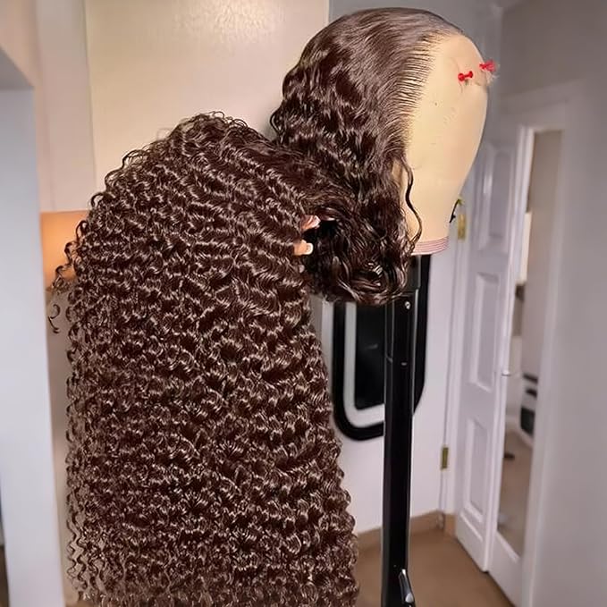 250% Density 13x6 FULL SKINLIKE HD Chocolate Brown Deep Curly lace front wigs Pre Plucked Real 0.10mm Ultra-thin Invisible Water Wave HD Lace Front Wigs Human Hair Small Knots Full Virgin Hair24 Inch