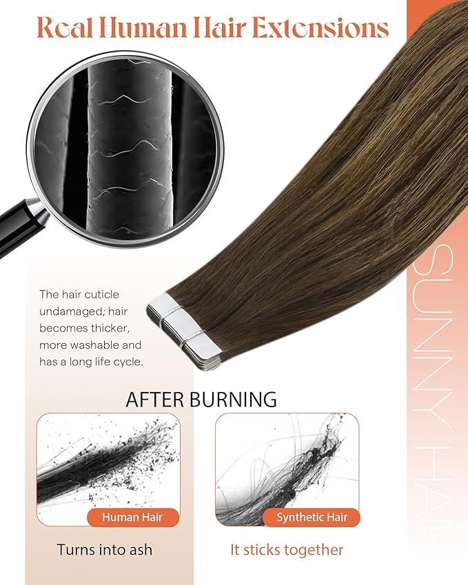 Sunny Hair Tape in Hair Extensions Real Human Hair Invisible Remy Hair Extensions Tape ins for Women Dark Brown Root to Caramel Blonde Balayage 12 inch 20Pcs