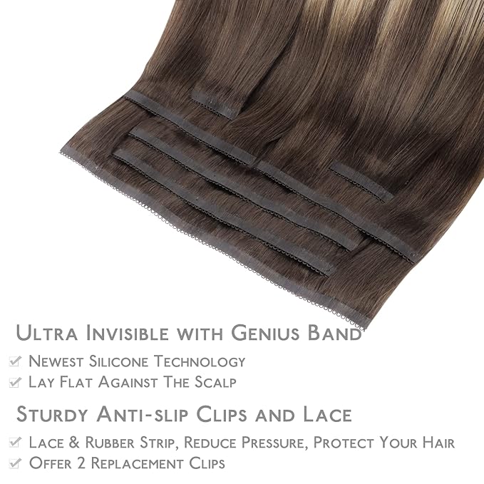 WENNALIFE Lace Seamless Clip in Hair Extensions Human Hair 7pcs Ultra Invisible 50% Thinner Seamless Clip Ins Balayage Chocolate Brown to Honey Blonde Natural Remy Hair 20 inch