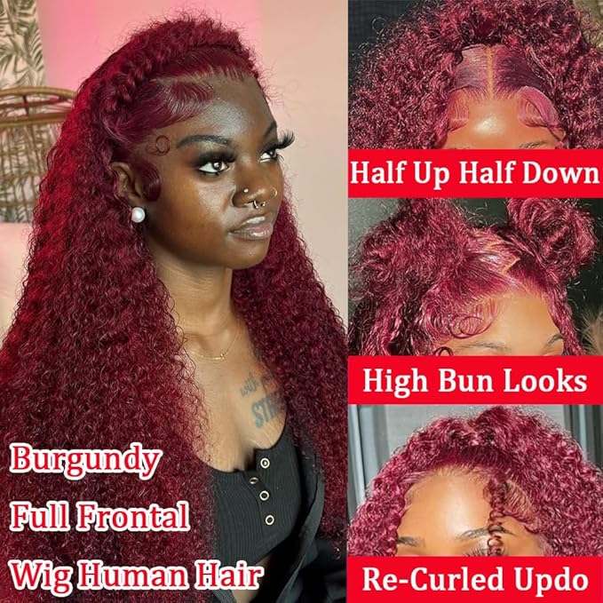 32 Inch 99J Burgundy Lace Front Wigs Human Hair 13x6 HD Deep Wave Lace Front Wigs Human Hair Pre Plucked Red Colored Frontal Curly Human Hair Wig For Women