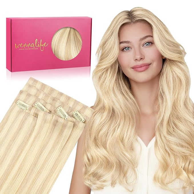 WENNALIFE Invisi Edge Clip in Hair Extensions Real Human Hair, 24 Inch 160g 7pcs Balayage Light Wheat Platinum Blonde Seamless Clip in Extensions Remy Hair Clip Ins Invisible PU Skin Weft Straight Ext