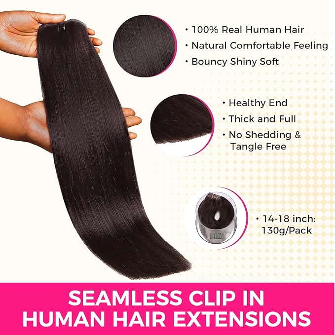 Lashey Seamless Clip in Hair Extensions Human Hair 130g 9pcs #2 Dark Brown Light Yaki Straight 14 Inch Clip in Hair Extensions Full Pack with Soft PU Invisi Edge