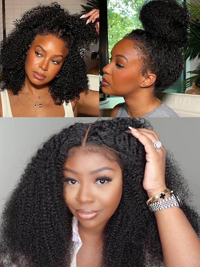 Julia Hair Bye Bye Knots 4C Kinky Curly Glueless Natural Hair Wig 7x5 Pre Cut HD Lace Front Kinky Edges Hairline Wig Pre Bleached Pre Plucked Virgin Hair with Baby Hair for Black Women 24 Inch