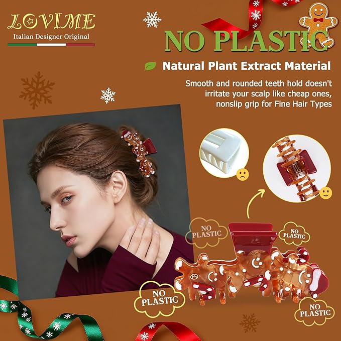Original Italian Designed Hair Claw Clips for Women- CHRISTMAS Gingerbread Men, Premium Acetate Medium Claw, Non Slip Cute Hair Clips for Women with Gift Box